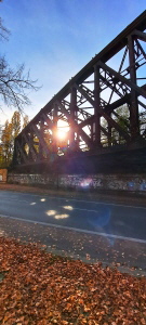 Herbstsonne im Stahlfachwerk der Liesenbrücke