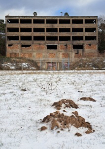 Maulwurfh�gel im Schnee vor Ruine im KdF-Seebad Prora